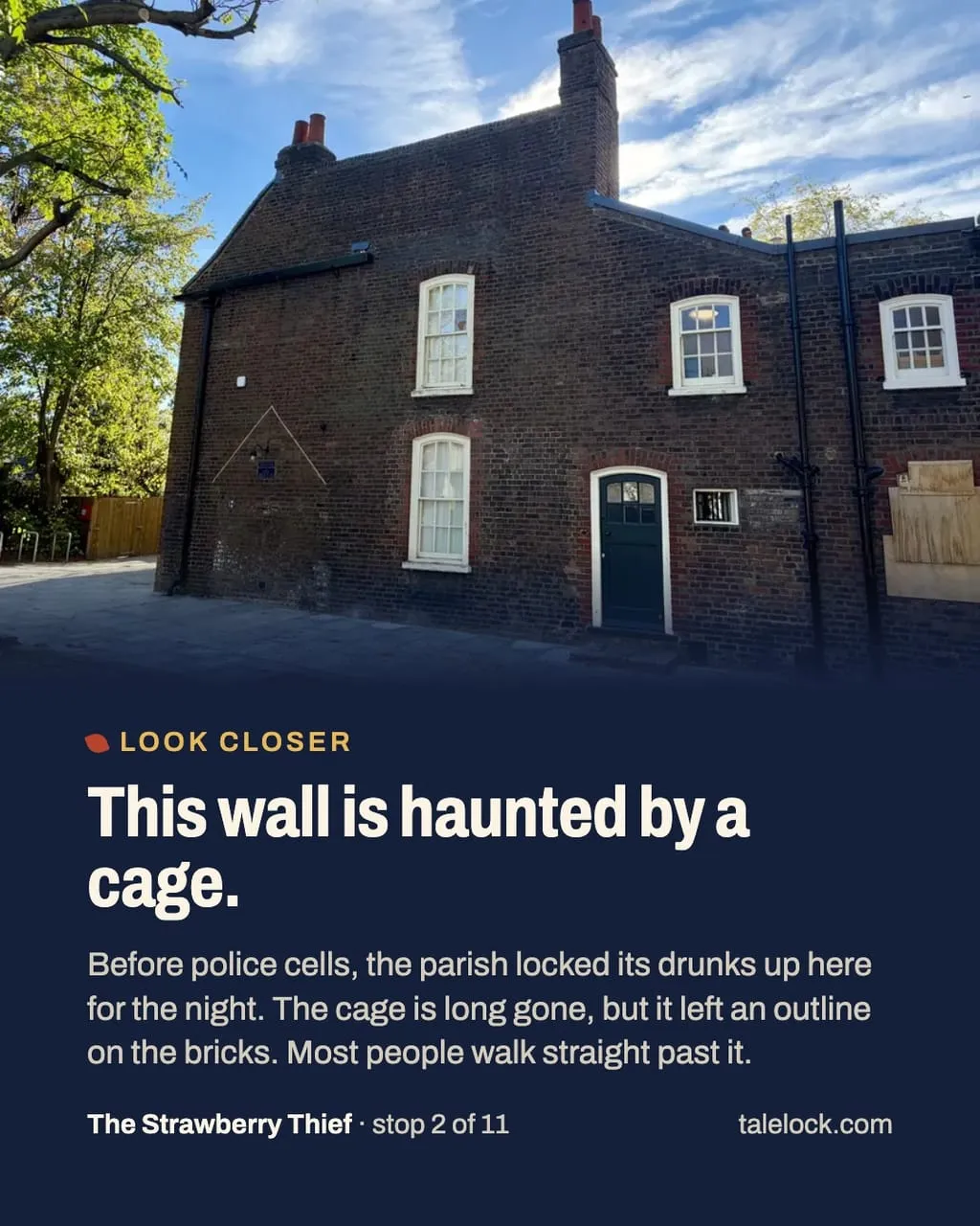 A stop on the Walthamstow hunt: the outline of an old cage on a brick wall, where the parish locked up its drunks for the night