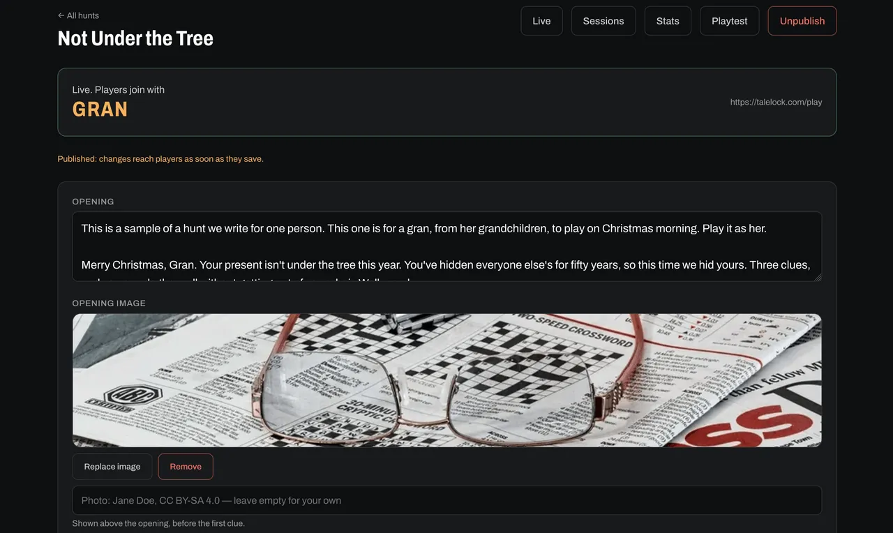 The Studio editor for Not Under the Tree, a sample hunt written for a gran on Christmas morning: the join code, the opening text and the opening picture