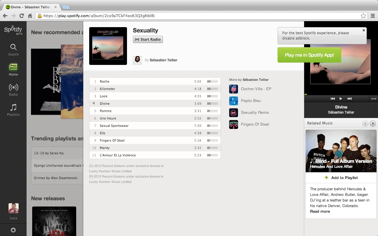 Sproxify on the Spotify web app, logged in