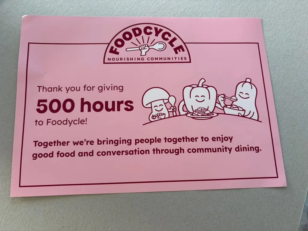 FoodCycle certificate for 500 volunteering hours