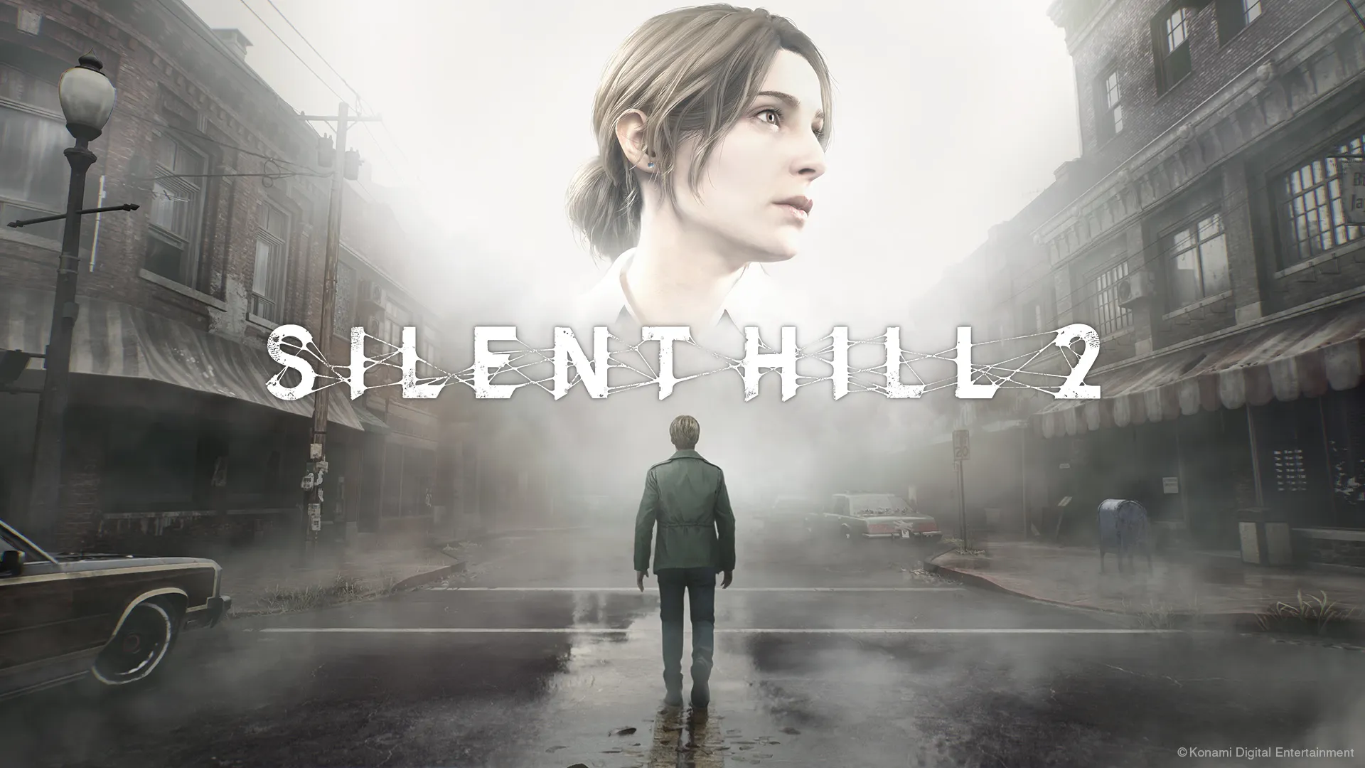 Silent Hill 2 remake key art: James walking into the fog, with Mary's face above the title