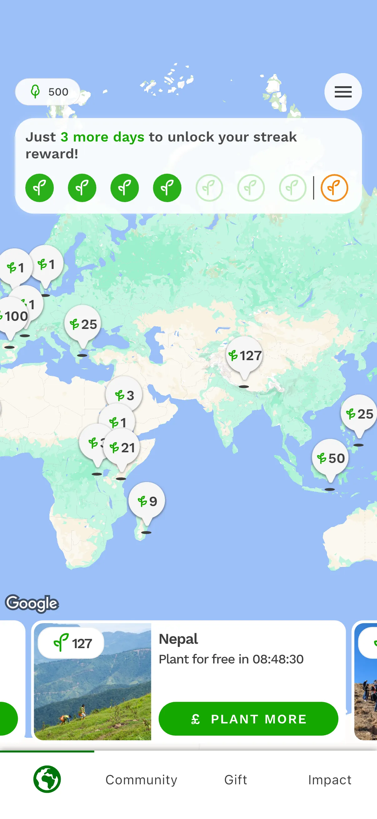 Map of some of my planted trees in the TreeApp app